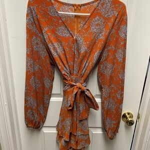Rust Orange Floral Wrap Dress with Tie Waist